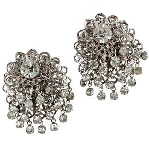 Vintage Mid Century Prong Set Rhinestone Chandelier Silver Tone Clip On Earrings